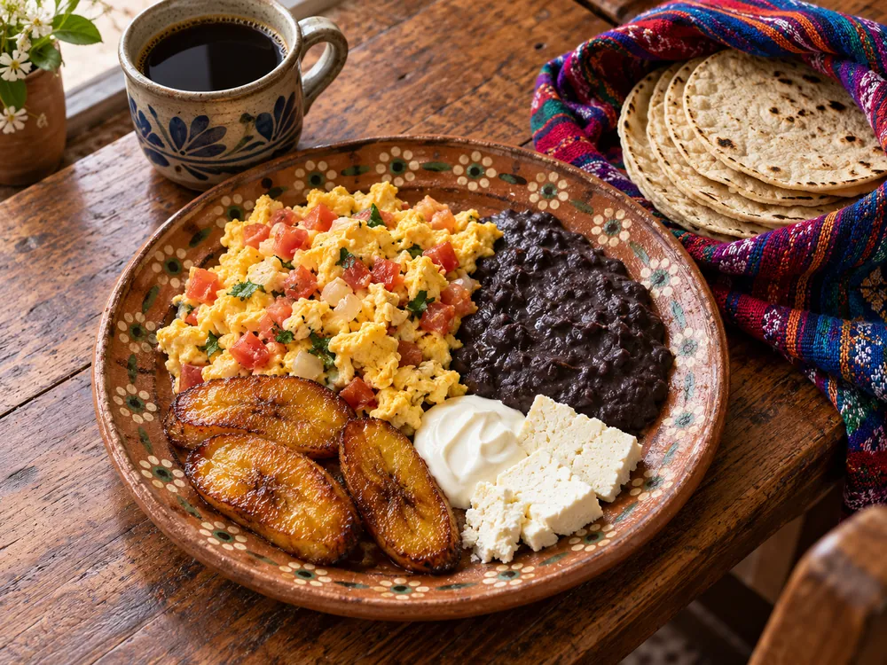 Desayuno chapín con huevos, frijoles, plátanos, crema, queso y tortillas