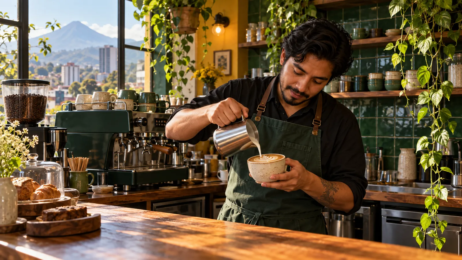 Barista sirviendo un latte en la barra de Café La Ceiba, con el volcán de fondo