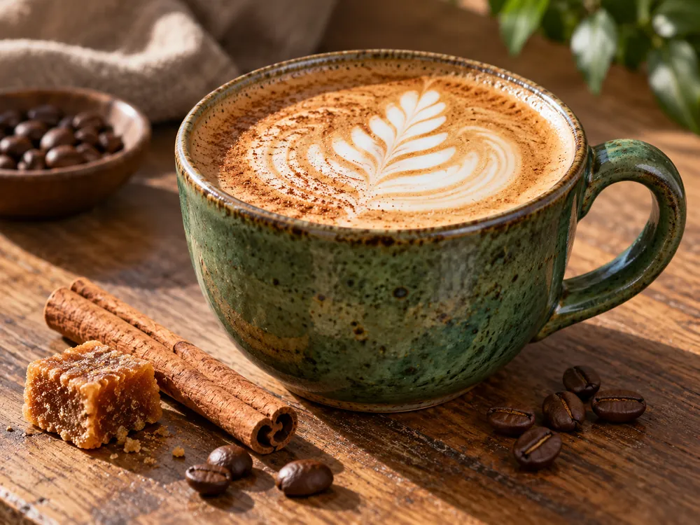 Latte de canela en taza de cerámica verde